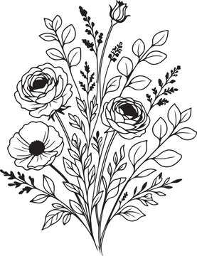 Beautiful hand drawn floral bouquet with roses and leaves in black line art style