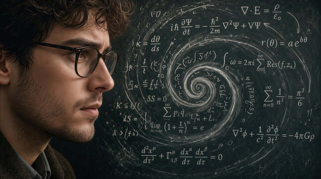Theoretical physicist solving complex equations on chalkboard. Young scientist studying advanced mathematics and quantum mechanics formulas in university research lab.