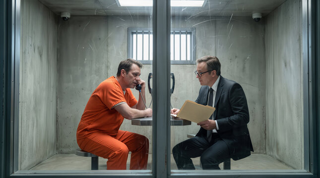 Legal counsel meeting with inmate in prison visiting room. Defense attorney discussing case details with prisoner in orange jumpsuit through glass partition.