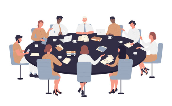 Business team managers meeting at round table. Office brainstorming and setting strategy cartoon vector illustration