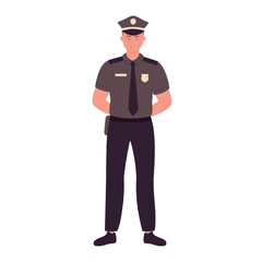 Obraz premium Standing policeman with crossed arms behind back. Male police officer wearing working uniform cartoon vector illustration