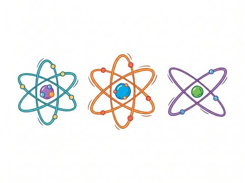 Set of colorful atom icons, scientific physics symbols for education and research design.
