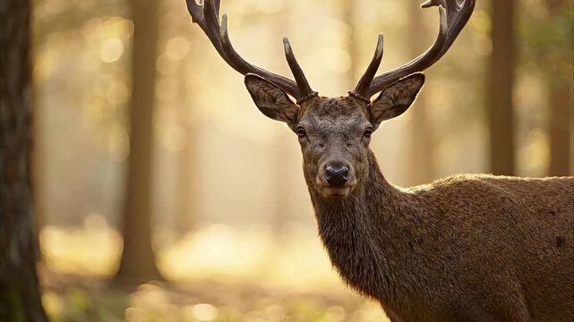 Red deer stag standing proudly in a sunlit autumn forest with majestic antlers