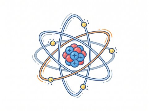 Atom model icon with orbiting electrons and nucleus for science and physics education.