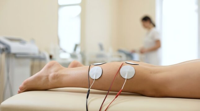 A young woman receiving electrical muscle stimulation during a physical therapy session.