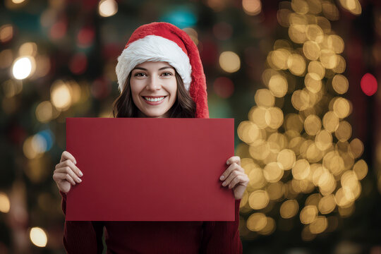 Woman in santa hat holding blank red christmas sign