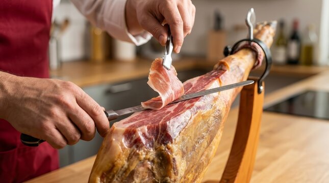 A skilled person using a knife to carve delicate slices of serrano ham.
