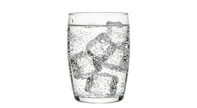 Refreshing glass of sparkling water with ice cubes and bubbles