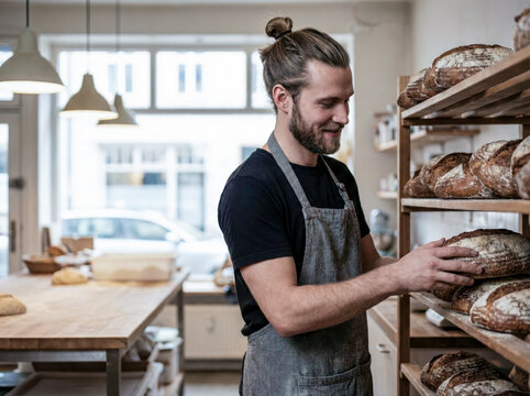 Artisan baker arranging fresh sourdough bread in bakery