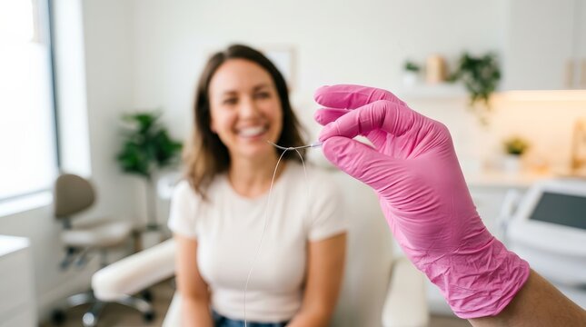 Professional practitioner demonstrating a PDO thread lifting suture to a patient.