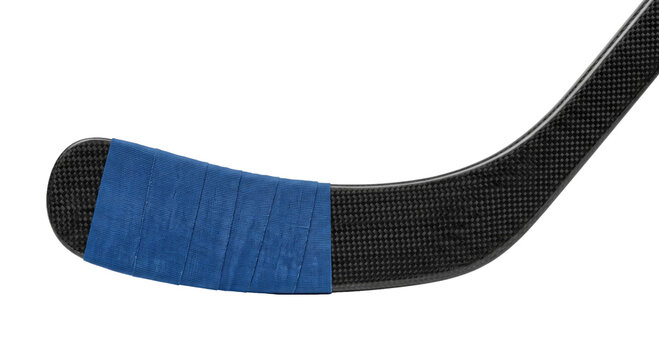 Close-up of a blue hockey stick tape on a carbon fiber blade