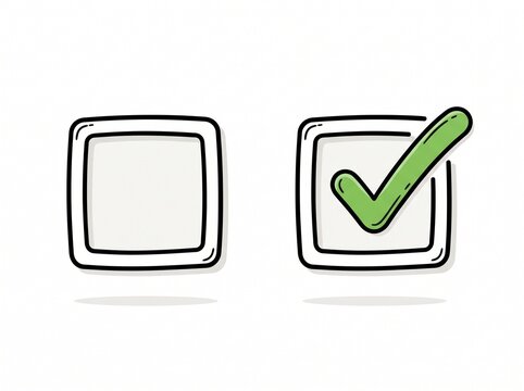Hand drawn checkbox with empty and green tick mark icons for survey or task list design