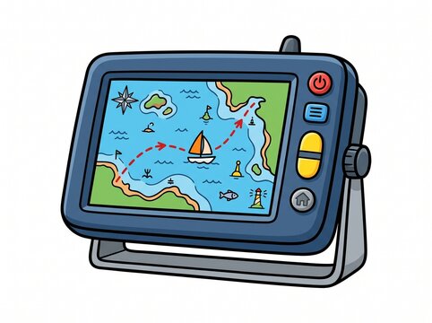 Marine GPS chartplotter device with a nautical map showing a sailboat route on screen.