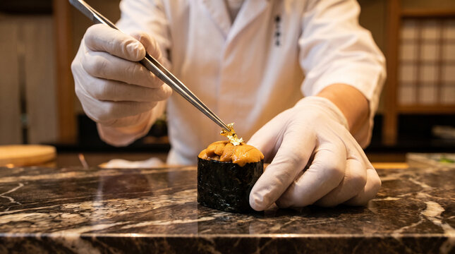 Omakase chef uses precise tweezers to place edible gold on premium sea urchin gunkan sushi. Warm ambient lighting highlights the luxury marble counter and culinary art.