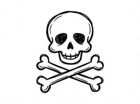 Hand drawn skull and crossbones icon, simple black and white pirate symbol illustration.