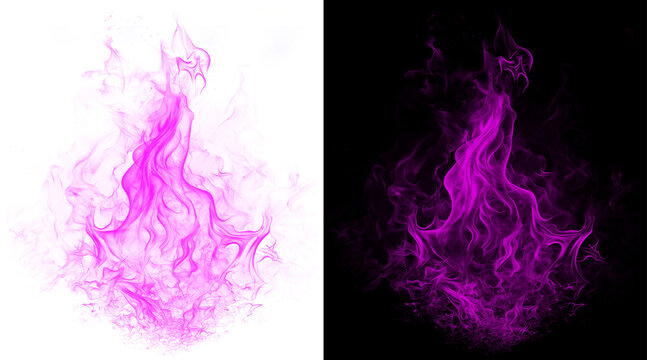Purple fire flame illustration, glowing violet energy smoke on black and white backgrounds, magical ethereal blaze for fantasy design