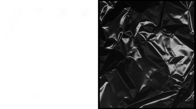 Crumpled black plastic texture background, glossy wrinkled foil surface, dark abstract metallic film material for edgy graphic design