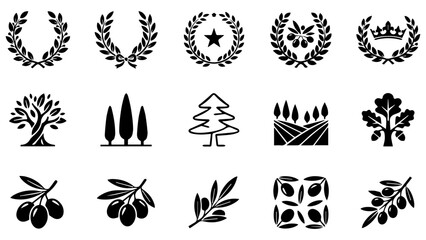 Fototapeta premium Set of black icons featuring olive branches wreaths trees and mediterranean nature symbols for design