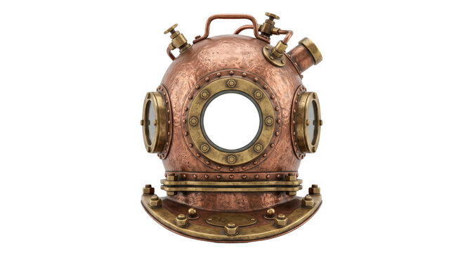 Vintage copper diving helmet with brass accents and porthole windows