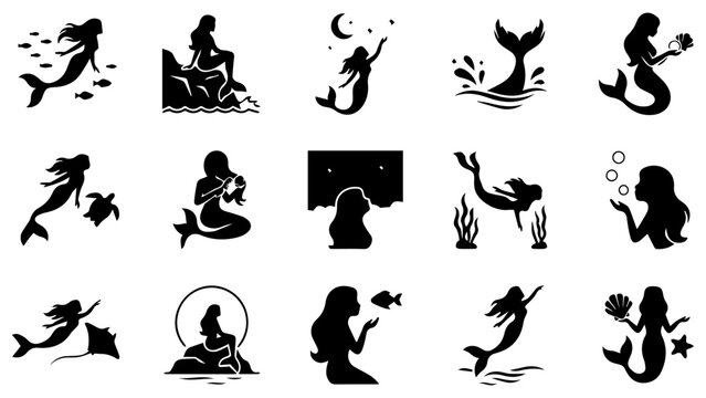 Set of black mermaid icons showing different poses and ocean creatures for fantasy design projects