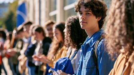 Fototapeta premium Handsome young male college student looking at camera standing in queue line outdoors with group of diverse classmates during sunny university campus orientation day background youth concept
