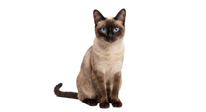 Elegant Siamese cat with striking blue eyes sitting gracefully on a white background