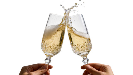 Two crystal champagne flutes clinking with splashing bubbly liquid, isolated on transparent background © Viktor