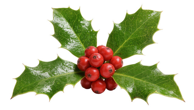 Vibrant red holly berries clustered with glossy green spiky leaves, isolated on transparent background