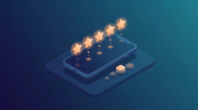 Isometric smartphone with glowing five stars rating for review concept.