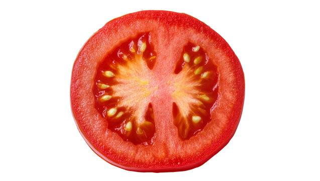 Juicy red tomato slice with visible seeds and pulp, isolated on transparent background