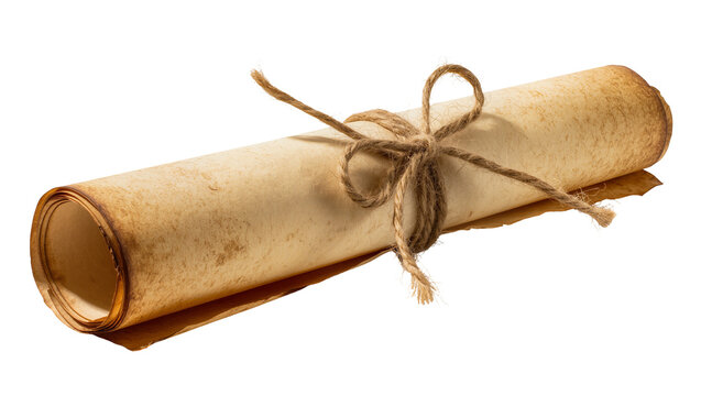 Aged parchment scroll tied with rustic twine, isolated on transparent background