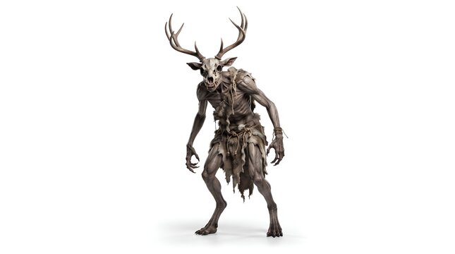 Terrifying Wendigo creature with deer antlers standing on white background.