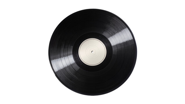 Black vinyl record with blank white label, isolated on transparent background