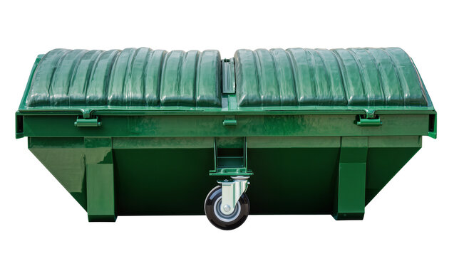 Large green plastic dumpster with hinged lid and wheels, isolated on transparent background