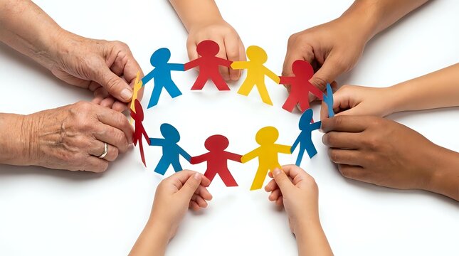 Diverse hands holding colorful paper figures in circle formation