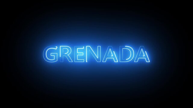 Neon blue text reading grenada glowing on a dark black background