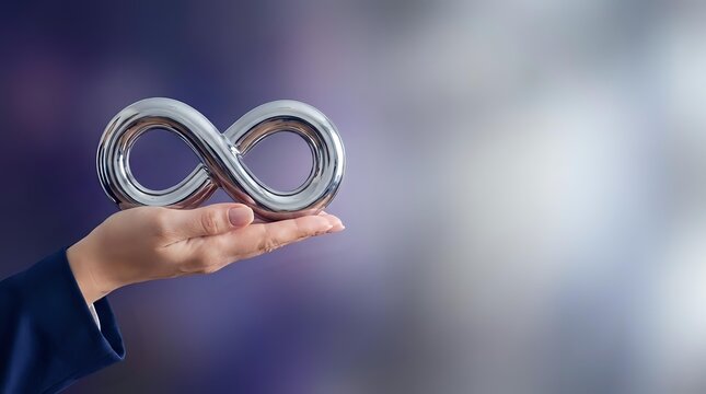 Caucasian male hand holding glowing infinity symbol against blurred
