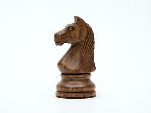 Wooden knight chess piece carved from natural wood with detailed mane
