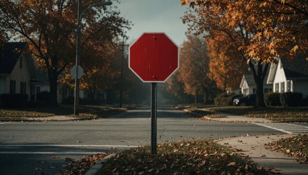 Red stop sign side street center facing towards right frame lined houses both sides there trees left have oran