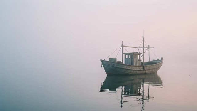 Lonely Boat in Foggy Calm Water.