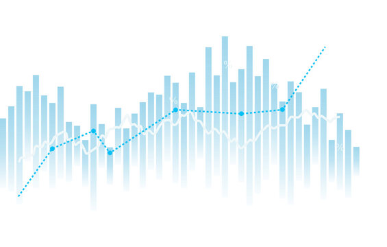 Financial stock market growth chart with upward trend and glowing data points on blue background