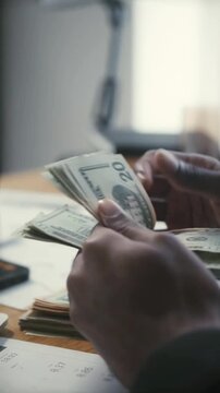 Person Counting US Dollar Bills with Cash Stacks and Financial Money Concept