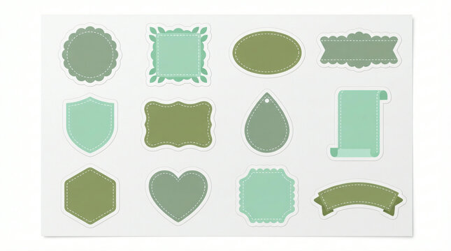 Collection of decorative green labels and tags in various shapes and sizes