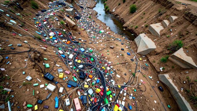 Plastic Pollution in Dirty River Channel.