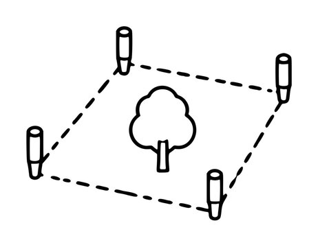 Property boundary vector icon illustration showing a single tree centered within a square plot defined by four corner stakes and dashed perimeter lines for land surveying and site development.