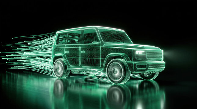 Futuristic wireframe 3D model of car with digital wind flow lines. Advanced automotive aerodynamic testing simulation. Concept of innovative vehicle engineering and modern technology.