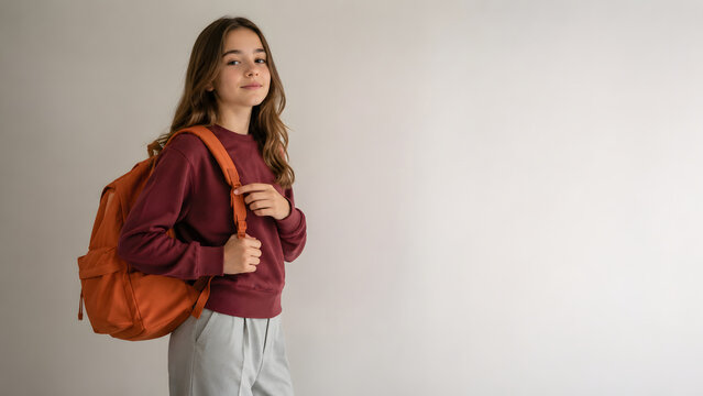 Teenage student wearing an orange backpack stands against a clean white background in a simple back to school portrait.