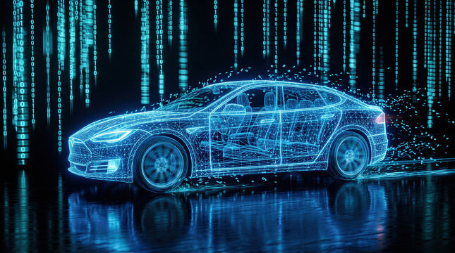 Wireframe of futuristic electric car moving through digital stream of binary code. Concept of innovative automotive technology, autonomous vehicle, and advanced artificial intelligence.