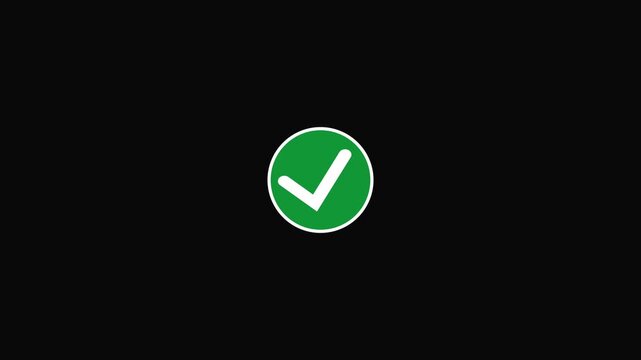 Animated reveal of a white checkmark icon in a green circle. Isolated on a black background