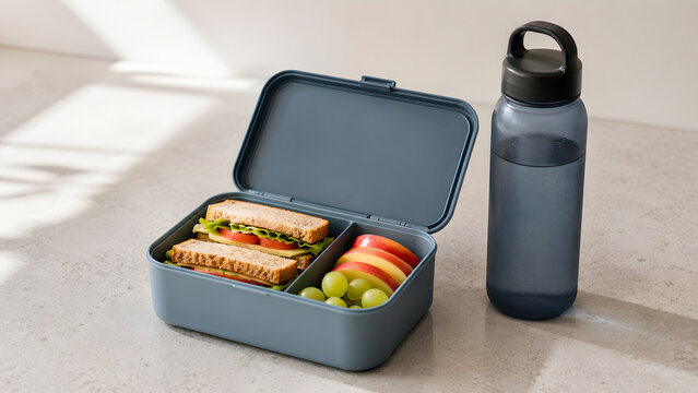Packed school lunchbox with a sandwich fresh fruit and reusable water bottle sits on a kitchen counter for the school day.